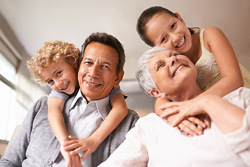 Image showing Portrait, grandparents and grandchildren with smile for family, photo and multi generation bonding. Senior couple, boy and girl with hug, love and happiness for playful relationship together at home