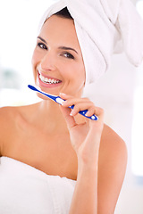 Image showing Portrait, woman and brushing teeth with toothbrush for whitening, dental health and oral hygiene. Smile, female person and care for healthy, mouth and fresh breath with brushes and cleaning at home