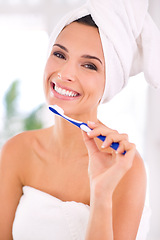 Image showing Portrait, woman and toothbrush with smile for whitening, dental health and oral hygiene at home. Happy, female person and mouth for healthy, teeth and fresh breath with brushing and cleaning