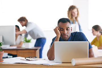 Image showing African, architect and laptop with office, tired and stress with work. Businessman, technology and paperwork with computer, fatigue and startup or small business with plans for entrepreneurship