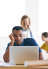 Image showing African, businessman and computer with office, tired and stress with work. Architect, technology and paperwork with laptop, fatigue and startup or small business with plans for entrepreneurship