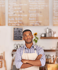 Image showing Cafe shop, black person and entrepreneur thinking of small business as barista, professional and owner. Man, standing and thoughtful of idea for startup of store in food industry of Cape Town