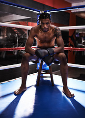 Image showing Black male boxer, ring and shirtless for sport, match and portrait with braids and gym with gloves. Boxing male person, sport and training gear for mma, exercise and fitness for workout and fight