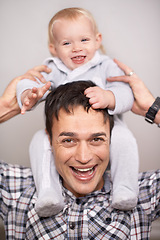 Image showing Love, portrait or father and baby with piggyback, playing or bonding at home with shoulder games. Child development, learning and face of dad with girl having fun, support and laughing in family time