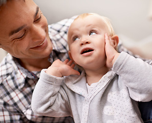 Image showing Happy family, father and baby girl in house for playing, love and care of parent in living room. Dad, daughter or relax on weekend with cute toddler, sweet or bonding together for growth in apartment