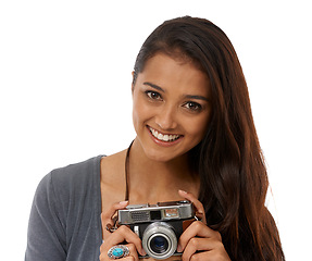 Image showing Camera, portrait and happy woman in studio for creative photoshoot, memory or capture on what background. Lens, career and face of student journalist with equipment for paparazzi, news or reporting