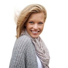 Image showing Autumn, fashion and portrait of happy woman in studio, white background or mock up space. Casual, style and girl with a smile and positive attitude in cardigan, jersey and scarf to relax in Amsterdam