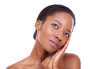 Image showing Black woman, skin and thinking of beauty with hands, natural cosmetics and shine on white background. Dream, reflection and dermatology with wellness, skincare and antiaging for self care in studio