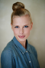 Image showing Portrait, woman and studio with denim, style and fashion for confidence. Female person, attractive and pose with background, shirt and casual look for cute, trendy jean and button up aesthetic