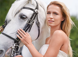 Image showing Bride, summer and horse with face, outdoors and smile for nature, connection and celebration. Woman, animal and uk countryside for wedding, love and elegance with field, meadow and equestrian