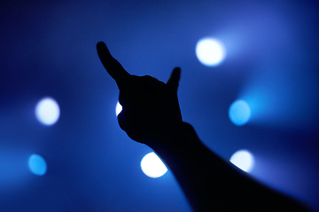 Image showing Horns, silhouette and music with hand at concert for performance, nightclub and musician. Celebration, party and audience with closeup of person and rock gesture for support, crowd and festival