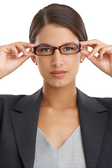 Image showing Corporate, woman in glasses and professional vision with eye care, wellness and optometry for investigative journalist. Prescription lens, frame and portrait in studio of reporter on white background