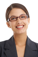 Image showing Happy woman, glasses and professional vision with eye care, wellness and optometry for investigative journalist. Prescription lens, frame and portrait with headshot of reporter on white background