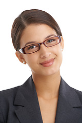 Image showing Business woman, glasses and professional vision with eye care, wellness and optometry for investigative journalist. Prescription lens, frame and portrait with headshot of reporter on white background