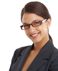 Image showing Woman, smile in portrait and glasses with business vision for eye care, investigative journalist and optometry. Prescription lens, frame and headshot of professional reporter on white background