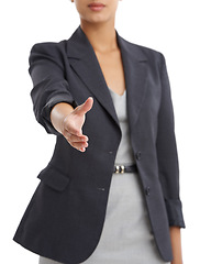 Image showing Woman, handshake and partnership with business offer in studio, welcome or intro for hiring on white background. Corporate recruitment, meeting and shaking hands for collaboration with thank you