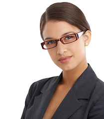 Image showing Business woman in portrait, glasses and vision with eye care, wellness and optometry for investigative journalist. Prescription lens, frame and headshot of professional reporter on white background