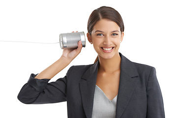 Image showing Portrait, woman listen to her tin can telephone and business with employee isolated on a white studio background. Face, person and consultant with a toy or playing with fun and communication with joy