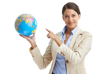 Image showing Portrait, business and woman with a globe, pointing and employee isolated on white studio background. Face, person and consultant with smile or earth with teacher and geography with education or map