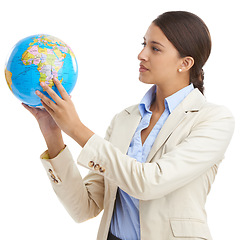 Image showing Globe, logistics shipping and business with woman, employee and consultant isolated on a white studio background. Person, global trade and entrepreneur with a map and earth with planning and planet
