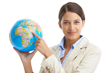 Image showing Portrait, map and woman with pointing, global and employee isolated on white studio background. Face, person and consultant with planet or earth with teacher and geography with education or knowledge