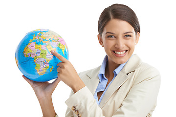 Image showing Portrait, excited and woman with a globe, pointing and employee isolated on white studio background. Face, person and consultant with smile or earth with teacher or geography with education or planet
