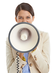 Image showing Megaphone, shout and portrait of business woman on white background for news, broadcast and information. Announcement, communication and person with bullhorn for speech, voice and attention in studio