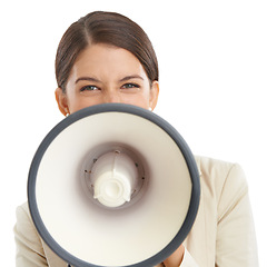 Image showing Megaphone, speech and portrait of business woman in studio for news, announcement and information. White background, communication and person with bullhorn for voice, broadcast or attention in studio