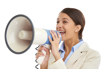 Image showing Megaphone, white background and business woman scream for news, announcement and information. Call to action, communication and person with bullhorn for speech, broadcast and attention in studio