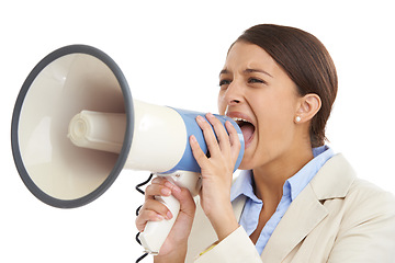 Image showing Megaphone, white background and business woman shout for news, announcement and information. Professional, communication and person with bullhorn for speech, broadcast and call to attention in studio