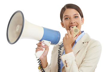 Image showing Megaphone, white background and portrait of business woman for news, announcement and information. Professional, communication and person with bullhorn for speech, broadcast and attention in studio