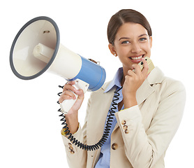 Image showing Megaphone, white background and portrait of professional woman for news, announcement and information. Business, communication and person with bullhorn for speech, broadcast and attention in studio