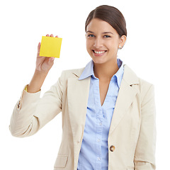 Image showing Paper, white background and portrait of business woman for news, information and announcement. Professional, corporate worker and isolated person with sticky notes for writing or planning in studio