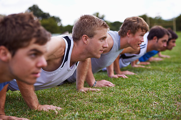 Image showing Group, men and field for push up with exercise, training and health with friends for sport, challenge or wellness. People, athlete and teamwork with fitness, workout and together on grass for muscle