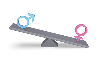 Image showing Dominating female over male sign on seesaw