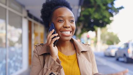 Image showing Woman, smile and happy on street, phone call or discussion with news or communication. Designer, report and south africa city with chat, network or conversation with connection for entrepreneurship