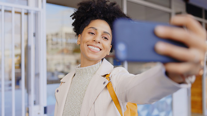 Image showing Happy, selfie and woman in city with photography, memory and record for social media of travel in Mexico. Person, smile and post online with live streaming, blog or influencer with communication