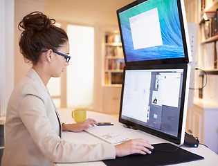 Image showing Computer, glasses and woman in office for cybersecurity, analytics or research. Pc, monitor and female security analyst online with app development, planning or metaverse, code or communication