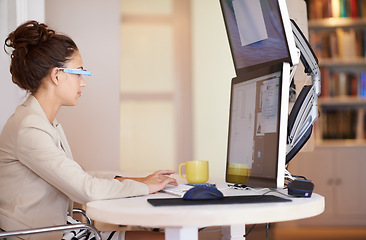 Image showing Computer, smart glasses and woman in office for cybersecurity, analytics or research. Pc, monitor and female security analyst online with app development, planning or metaverse, code or communication