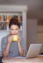 Image showing Thinking, coffee and woman in home office with laptop, idea and online job for business networking. Freelance, remote work and girl at table with computer for communication, reflection and relax.