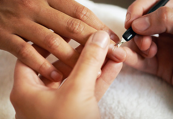 Image showing Hands, manicure and cuticle for nails in salon, beauty and treatment to relax. Closeup, spa and tool on fingernail, cleaning and cosmetic service with professional, pamper and luxury for wellness