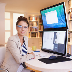 Image showing Portrait, business woman and smart glasses by computer at table in startup office. Face, professional and creative graphic designer on desktop with future tech for entrepreneur working in Australia