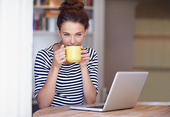 Image showing Relax, coffee and woman in home office with laptop, thinking and website research for business networking. Freelance, remote work and girl at table on computer for communication, email and online job