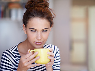 Image showing Woman, portrait and drinking coffee for relaxation, home and confidence for weekend and wellness. Female person, cup and tea while on break with latte, cappuccino and mug while ready to sip and chill