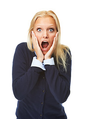 Image showing Wow, woman and portrait in studio with surprise for announcement, gossip or discount deal with wtf expression. Person, face and surprised with good news, winner and sale offer on white background