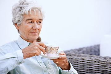 Image showing Senior, woman and thinking with cup for retirement, relaxing on patio in peace enjoying wellness retreat and pension. Elderly person, plan activities and drinking tea with reflection and nostalgia
