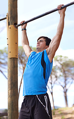 Image showing Training, fitness and man on pull up bar with exercise for morning workout, wellness or muscle building in San Francisco. Trees, nature and person with performance for energy, balance or healthy body