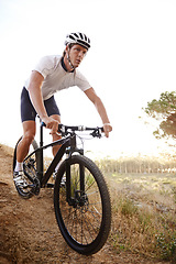 Image showing Man, bike and forest for nature, off road and cycling for health and wellness. Athlete, bicycle and training for workout, transportation and exercise with cape town mountain trail for fitness