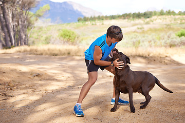 Image showing Fitness, nature and athlete with dog for exercise, healthy training and bonding together in Australia. Trees, runner and man playing with pet companion for outdoor run, workout or wellness in morning