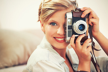 Image showing Portrait, woman and camera lens for retro, fashion and casual outfit for weekend getaway in Germany. Smile, female person and analog shutter for fashionable, clothing and photography on vacation